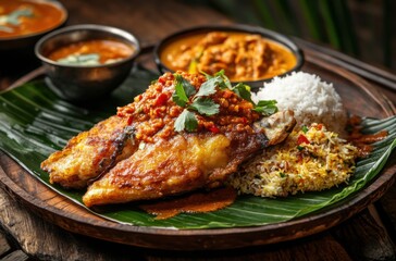 Kacang Sothi Roti Canai fusion dish beautifully plated on banana leaf