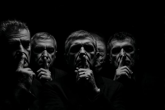 group of men showing finger on lips silence gesture dramatic contrast black background emotional concept