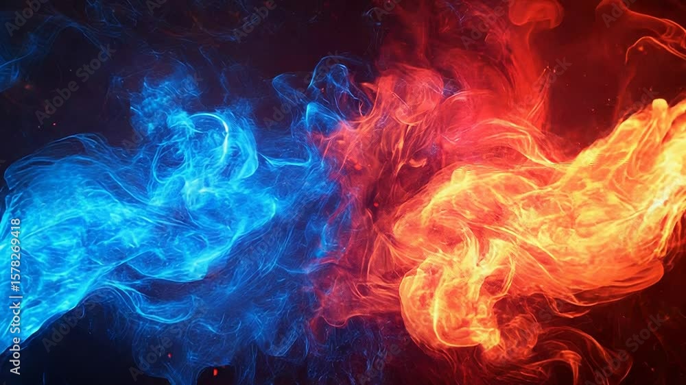 Poster blue and red flames clashing in a fiery abstract display