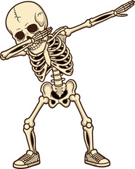 Funny skeleton doing dab dance pose, cartoon bone figure, humorous spooky design, Halloween concept, isolated vector, sneaker wearing skeleton