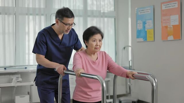 In a supportive therapy room, a white male therapist guides a frail elderly Asian woman as she takes her first steps after a stroke, focusing on her rehabilitation process and progress