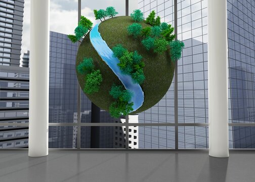 Fototapeta Earth floating in front of cityscape