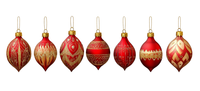 A collection of seven red and gold patterned christmas ornaments isolated on transparent background
