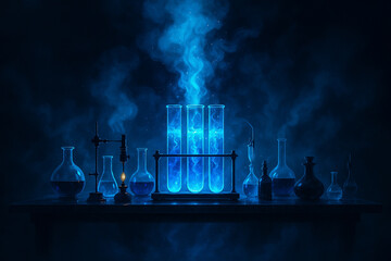 AI generated futuristic fantasy lab with glowing blue test tubes mystical smoke and scattered glassware on dark table in a surreal atmosphere of energy and mystery