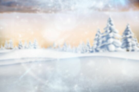 Fototapeta Flat design winter scene is showing snow-laden pine trees amid drifting snowflakes under pastel sky