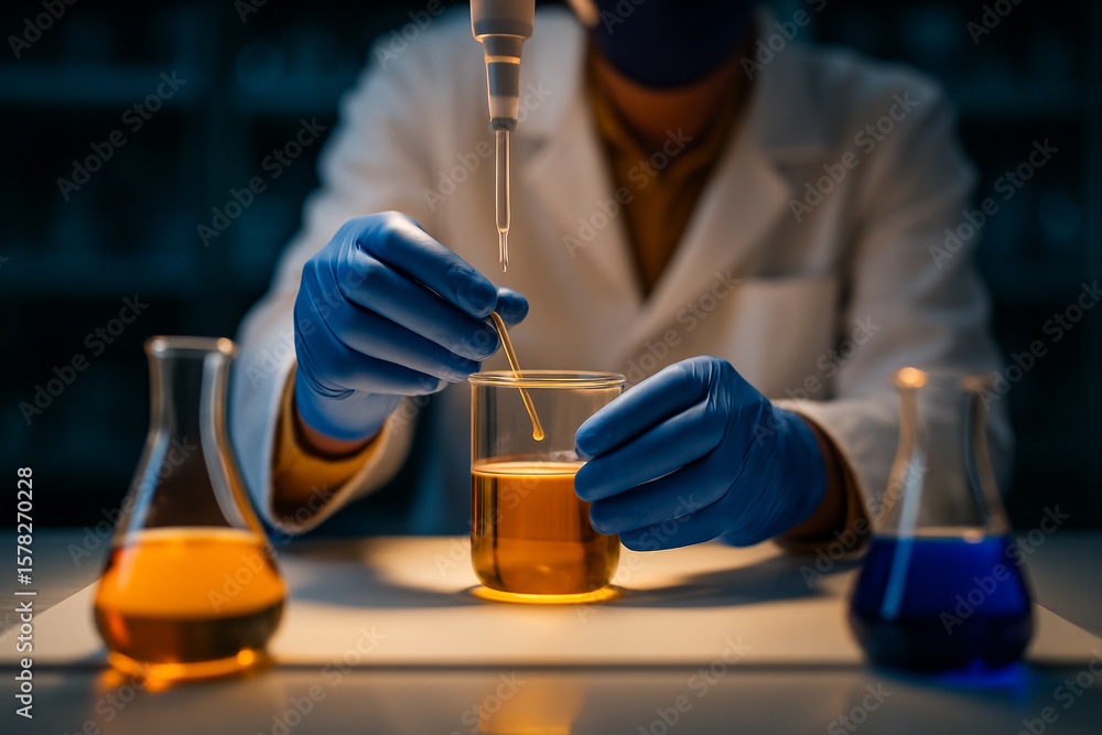 Aufkleber ai generated realistic scene of a lab experiment showing a gloved scientist carefully dripping yello