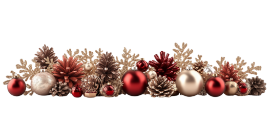 A festive garland of christmas ornaments, pinecones, and snowflakes isolated on transparent background