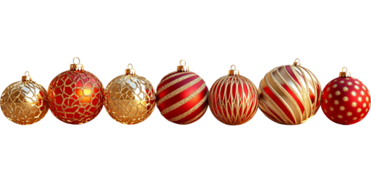 A line of assorted red and gold christmas ornaments with striped and textured designs isolated on transparent background