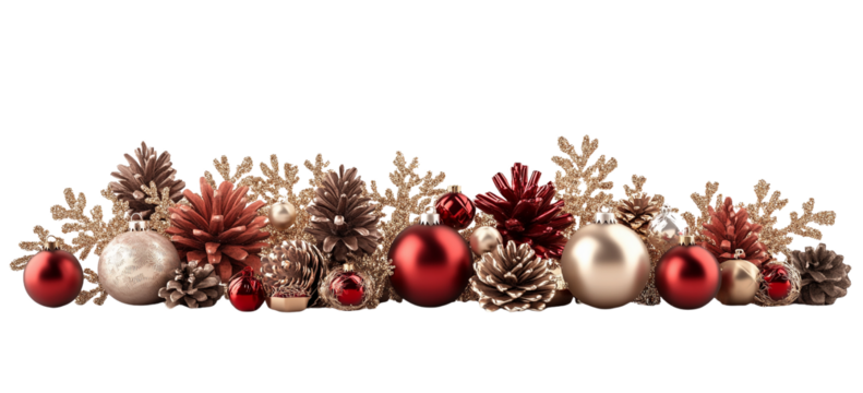 A festive garland of christmas ornaments, pinecones, and snowflakes isolated on transparent background