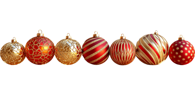 A line of assorted red and gold christmas ornaments with striped and textured designs isolated on transparent background