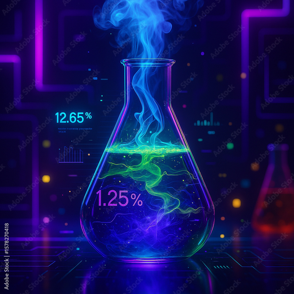 Poster ai generated a glowing chemical flask with neon liquid layers and sci-fi digital data visualizations