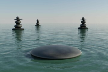 Flat design illustration showing floating flat black stone on calm water with three balanced cairns