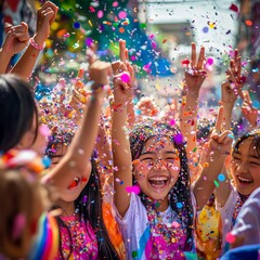 Obraz premium group of girls making cross fingers for luck in a colorful festival parade with confetti and sharp detail
