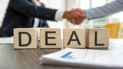 Wooden cubes spelling "DEAL" in focus with out-of-focus business handshake behind
