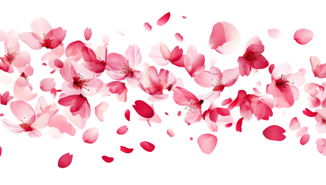 A horizontal line of delicate pink cherry blossoms and petals on white isolated on transparent background - Powered by Adobe