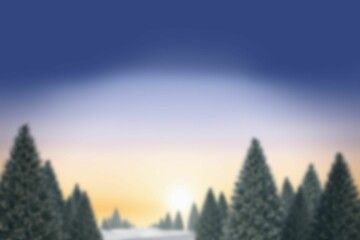 Obraz premium Winter sunrise landscape is unfolding in flat design, with snow covered evergreen trees and mist