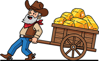Cartoon gold miner character pulling wooden cart full of gold bars, western cowboy illustration, treasure concept © Creative Asif