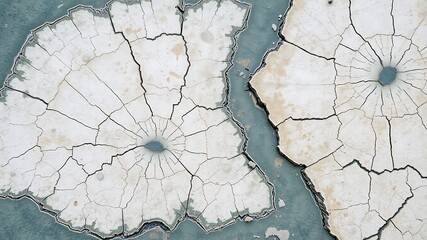 Cracked earth surface with blue water forming circular geological formations abstract texture