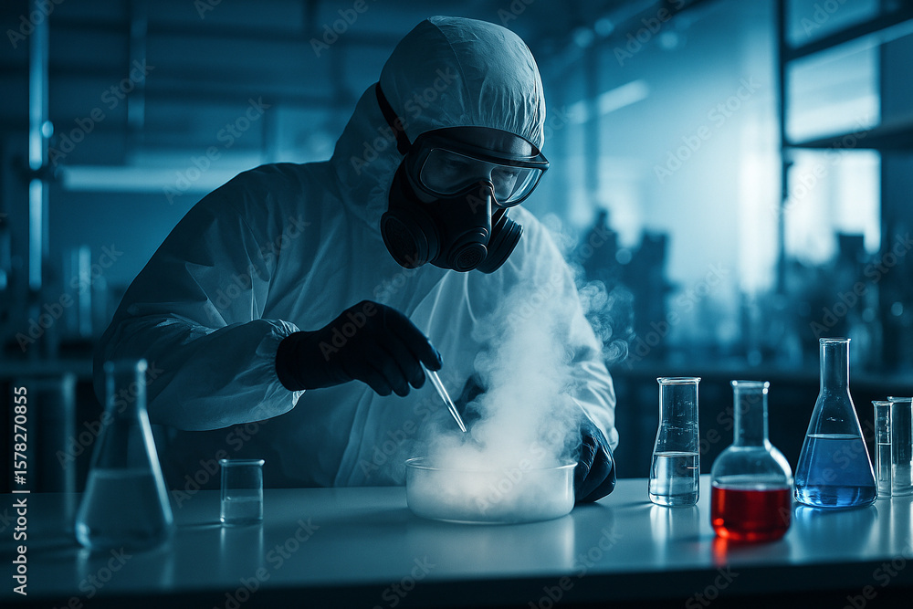 Poster ai generated lab scene with scientist in hazmat suit handling chemical vapor in controlled sterile e