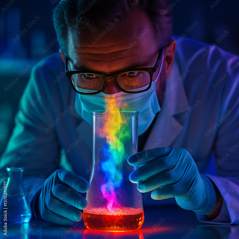 Poster ai generated a scientist observes vibrant rainbow vapor rising from a beaker in a lab setting with a