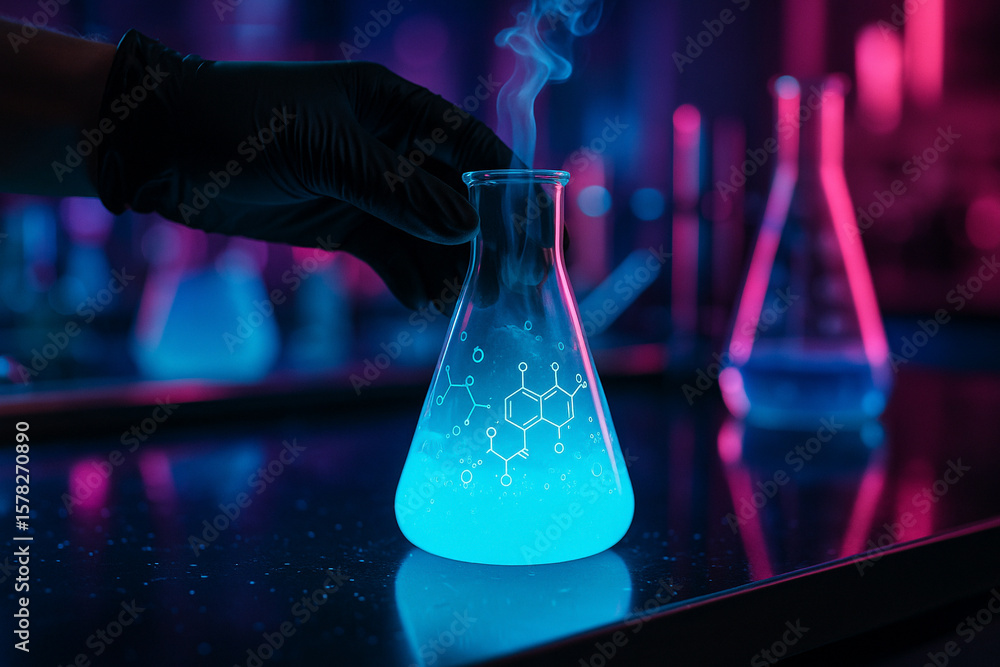 Poster ai generated science scene with glowing blue liquid and molecular steam in a neon lab captured in a 