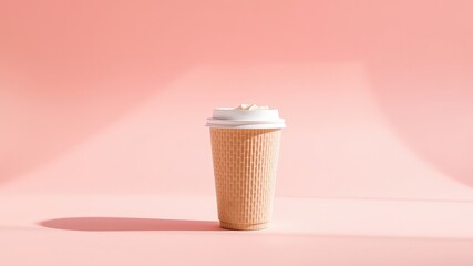 Studio shot of an isolated disposable hot beverage container casting a shadow on a rose colored backdrop
