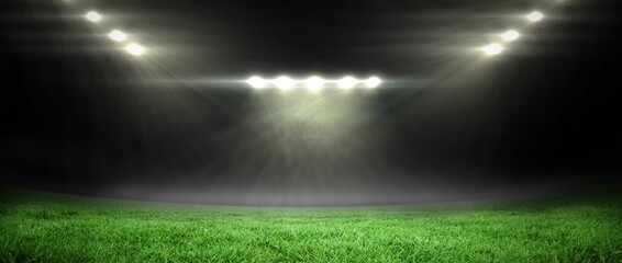 Flat design showing night stadium turf glowing under central floodlight array casting misty beams