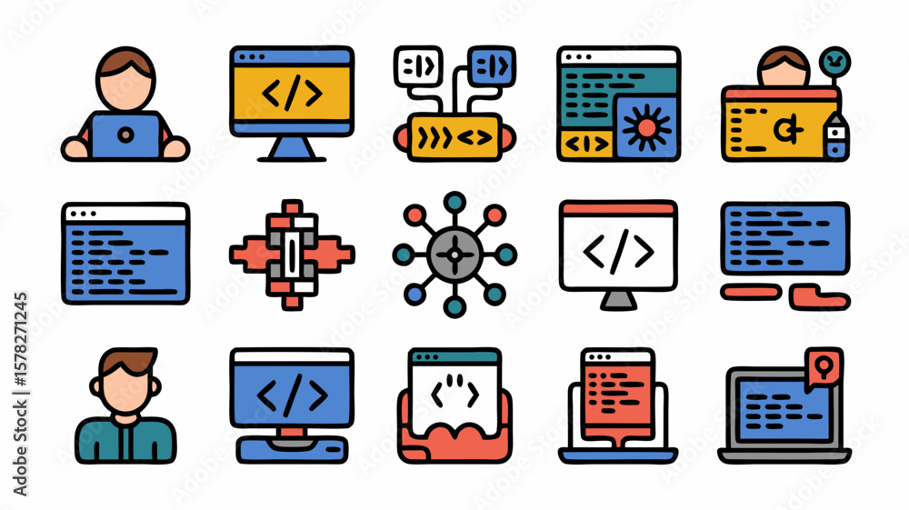 Poster colorful vector illustrations depicting coding, programming, and software development concepts