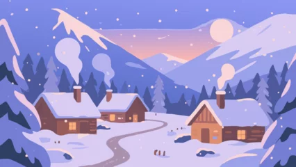 Fototapeten Cozy winter landscape illustration featuring snow-covered cabins and mountains at dusk © budhi