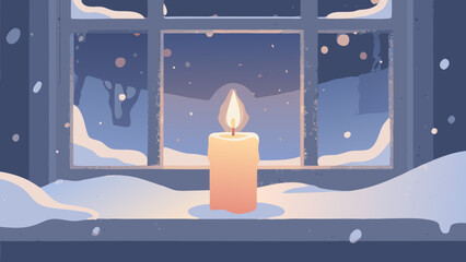 Cozy winter scene featuring a lit candle on a windowsill with falling snow outside