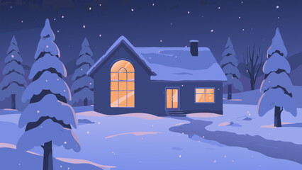 Cozy winter cabin scene at night with snow falling and lights glowing warmly