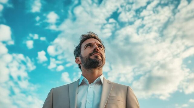 Confident man with beard in beige suit and white shirt looking up at blue sky with clouds outdoors, thoughtful expression symbolizing ambition and hope in bright outdoor setting