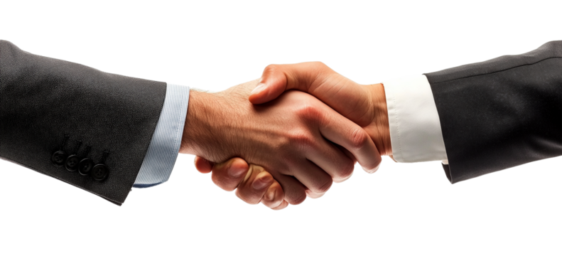 Two businessmen shake hands firmly, sealing a deal in a professional setting isolated on transparent background