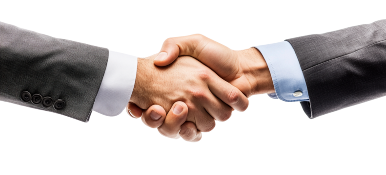 Two businessmen shake hands firmly, sealing a deal in a professional setting isolated on transparent background