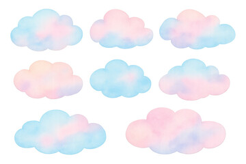 Nine pastel-colored watercolor clouds floating against a transparent background, creating a dreamy and ethereal atmosphere