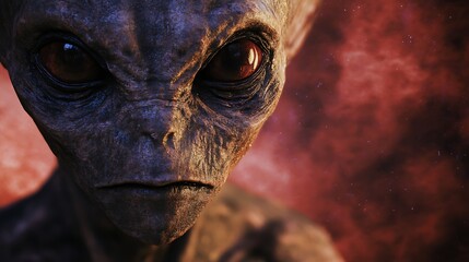 Extraterrestrial being portrait with red eyes and gray skin
