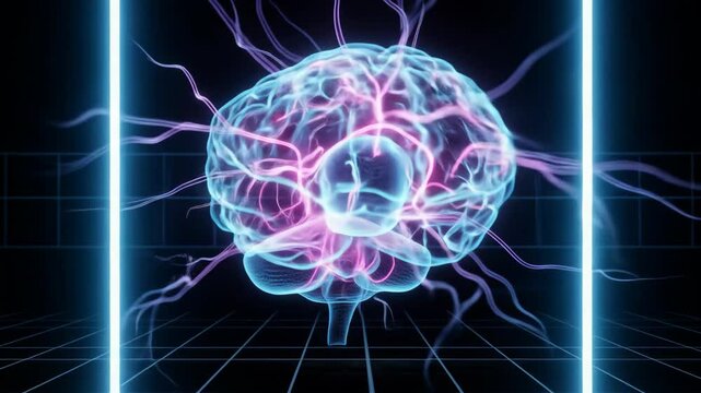 Neon Brain: Glowing Neural Pathways & Synaptic Activity Visualization - Powered by Adobe