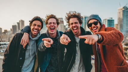 Fototapeta premium group of young men laughing and pointing spontaneous moment cityscape background lifestyle photography style