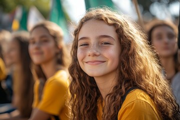 Happy teenage girls sitting with a crowd of climate activists, advocating for a better future and participating in a protest for the environment, Generative AI