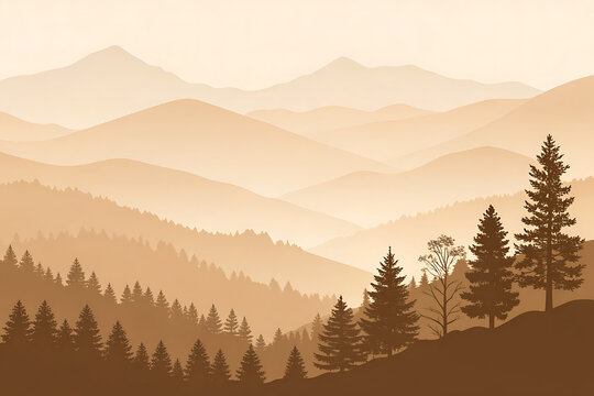 Serene mountain landscape with layered hills and silhouetted pine trees