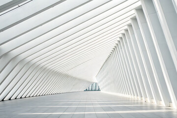 Modern architectural interior with white ribbed ceiling and floor