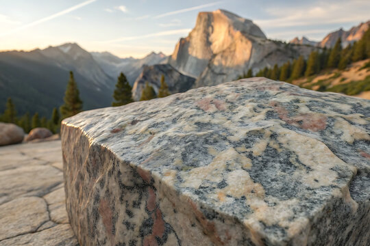 Granite boulder in foreground with half dome mountain at sunset in yosemite national park - Powered by Adobe