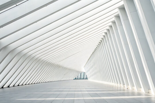 Modern architectural interior with white ribbed ceiling and floor