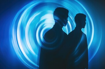 Stylized panning motion image of two male figures, shadowed and surrounded by gentle glowing neon circles