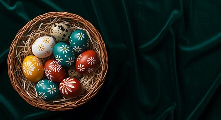 A rustic woven basket filled with vibrantly decorated easter eggs and quail eggs rests on a dark green velvet cloth