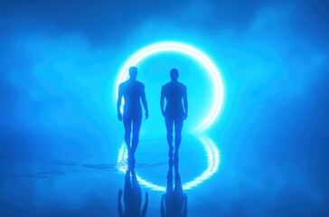 Fototapeta premium Stylized silhouettes of two men, motion-blurred in a surreal blue gradient field