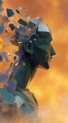 A shattering polygonal human figure represents a technological explosion and abstract mental deconstruction
