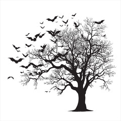 Obraz premium Ancient Tree with Bats in Flight - Spooky Forest Vector Art