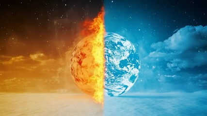 Half fiery sun and half icy earth split middle, symbolizing extreme heat and cold with contrasting orange and blue tones surreal cosmic scene planet Earth fire and ice concept with burning flame