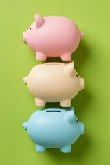 Multicolored piggy banks for savings. Distribution of savings and investments across different economic instruments concept. Financial diversification. Stocks, bonds, deposits, and pensions